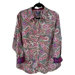 Chaps No Iron Button Shirt Flip Cuff Paisley Pink Long Sleeve 2X Contrast Cuff